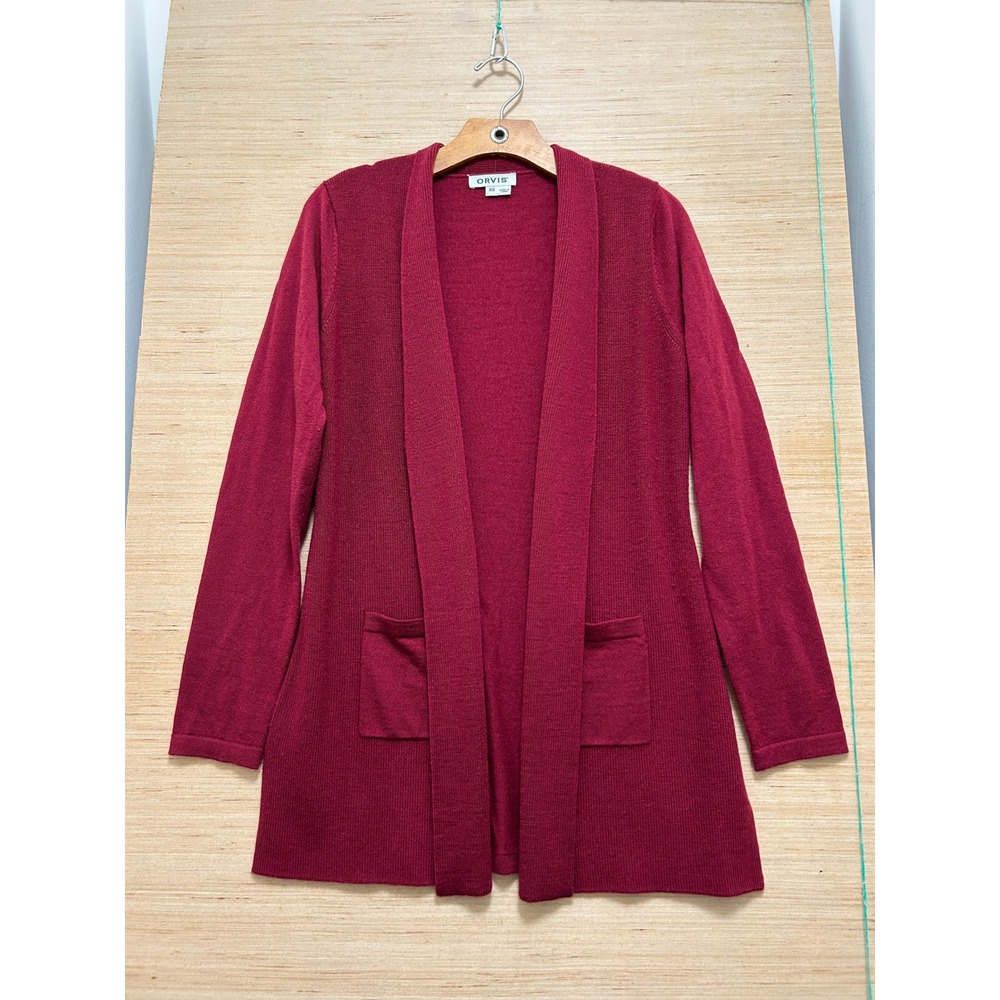 Orvis Womens XS Burgundy Open Front Cardigan Shawl Collar Longline‎ Knit Sweater